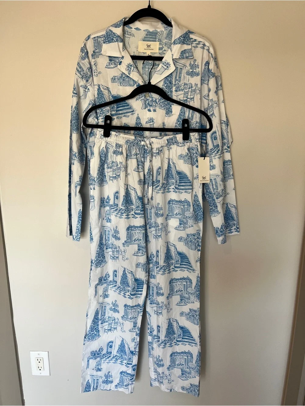 Printfresh x Kathy Hilton Holiday Toile Long Sleep Set Pajamas Blue White XS NWT